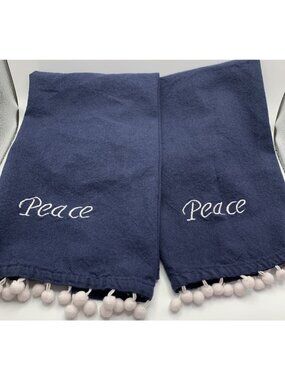 Set (2) Navy Blue “Peace” Embroidered Hand Towels Holidays Boho Pom Pom Fringe